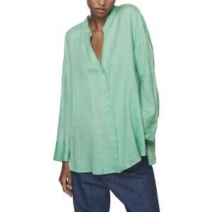Zara Linen Shirt Women M Mint Green Asymmetric Relaxed Blouse Beach Resort Top